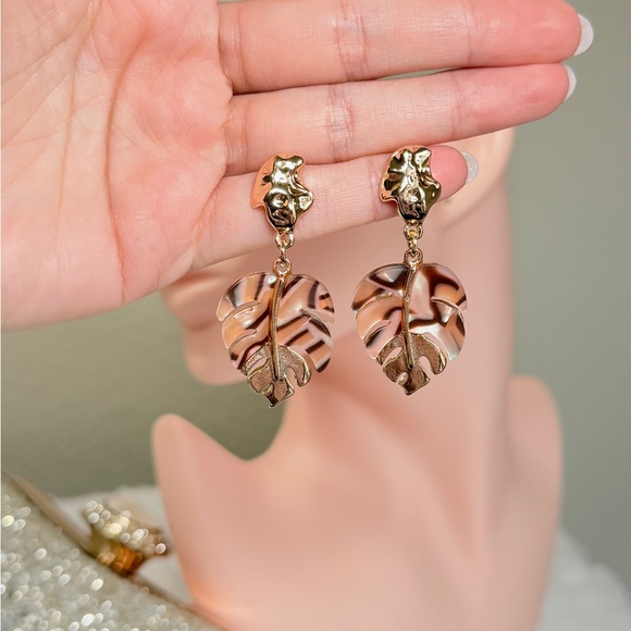 Gold and Brown Leaf Drop Earrings - Picture 8 of 9